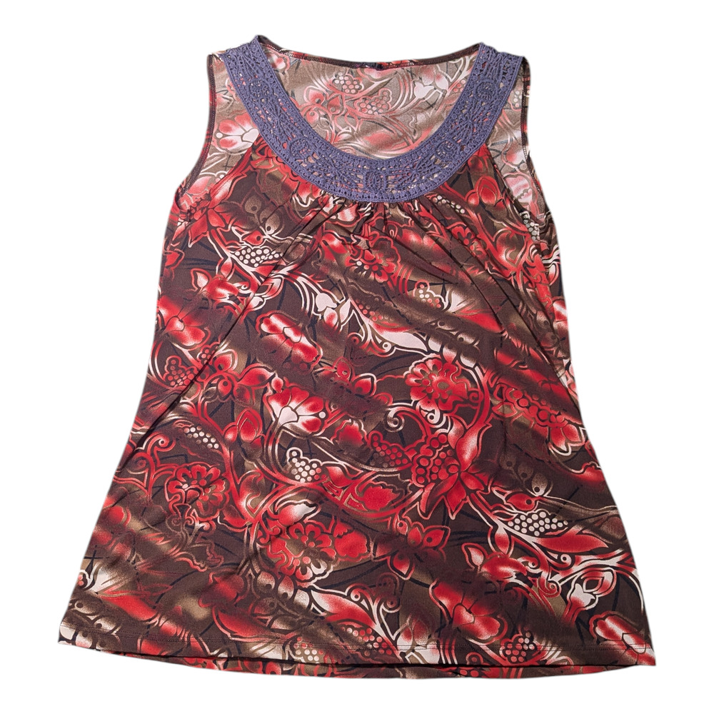 Red Floral Sleeveless Top with Crochet Neckline See Pics For Measurements